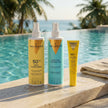 Pack de protección solar Valquer para rostro, cuerpo y cabello con SPF 50+ en un ambiente de piscina y verano.