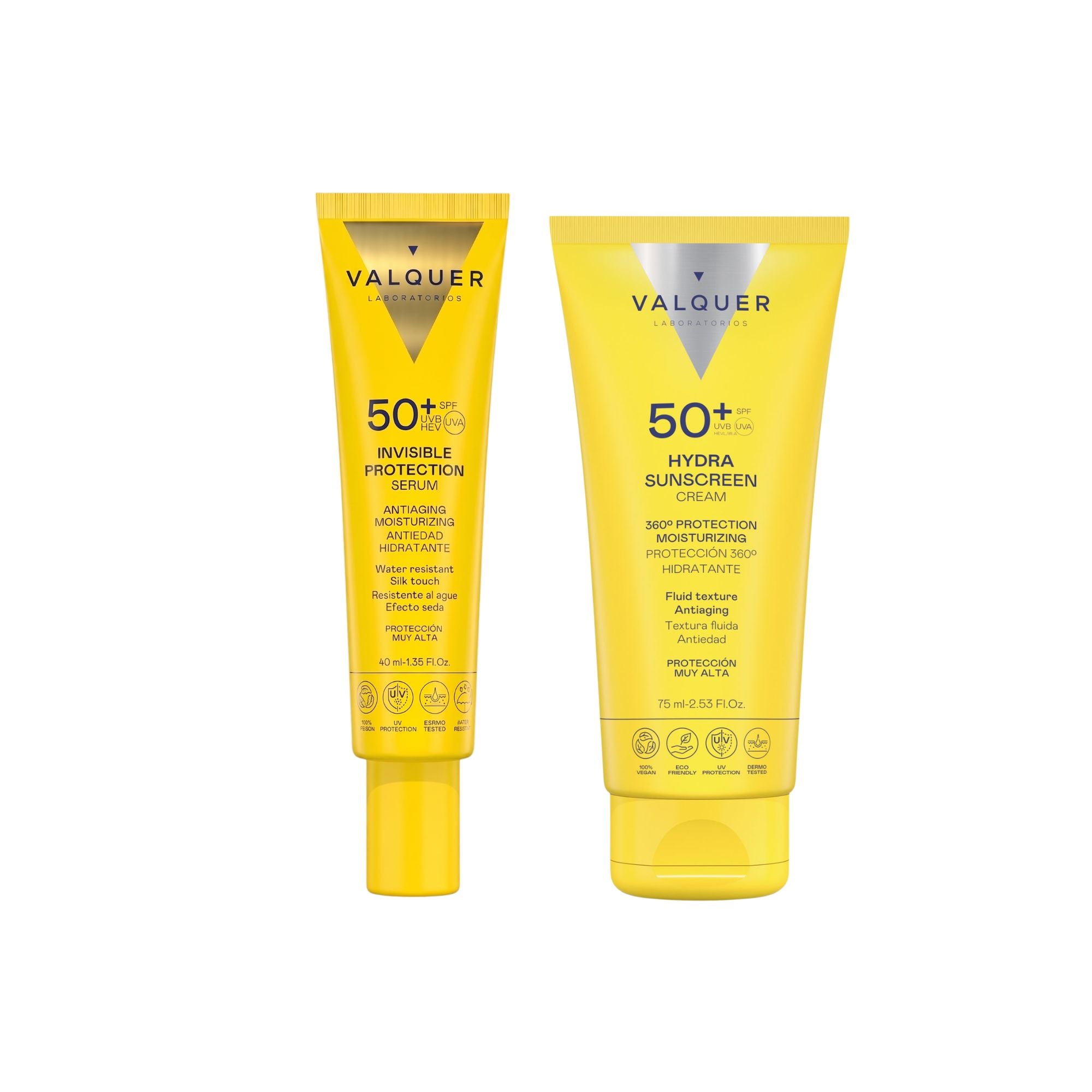 Pack Valquer con Sérum Solar Facial Invisible SPF 50+ y crema facial Hydra Sunscreen SPF 50+.
