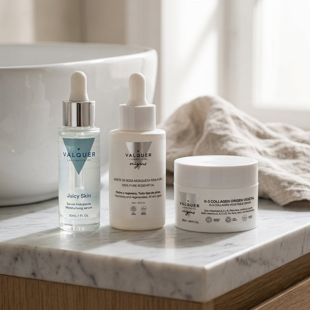 Pack Reparación Intensiva de Valquer con crema de colágeno, sérum de rosa mosqueta y sérum hidratante sobre encimera de baño