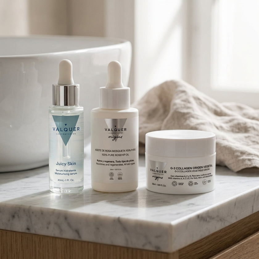 Pack Reparación Intensiva de Valquer con crema de colágeno, sérum de rosa mosqueta y sérum hidratante sobre encimera de baño
