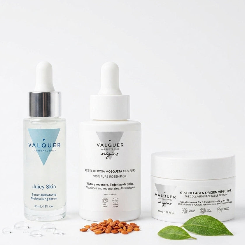 Pack Reparación Intensiva de Valquer con crema de colágeno, sérum de rosa mosqueta y sérum hidratante con ingredientes naturales
