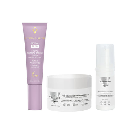 Pack Rutina Antiedad Día y Noche Total de Valquer con crema de retinal, crema facial G-3 Colágeno y sérum contorno de ojos y labios.