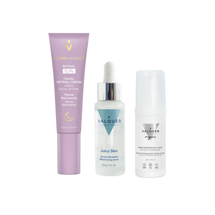 Pack Rutina Antiedad Noche Esencial de Valquer con crema de retinal, sérum facial de ácido hialurónico y sérum contorno de ojos y labios.