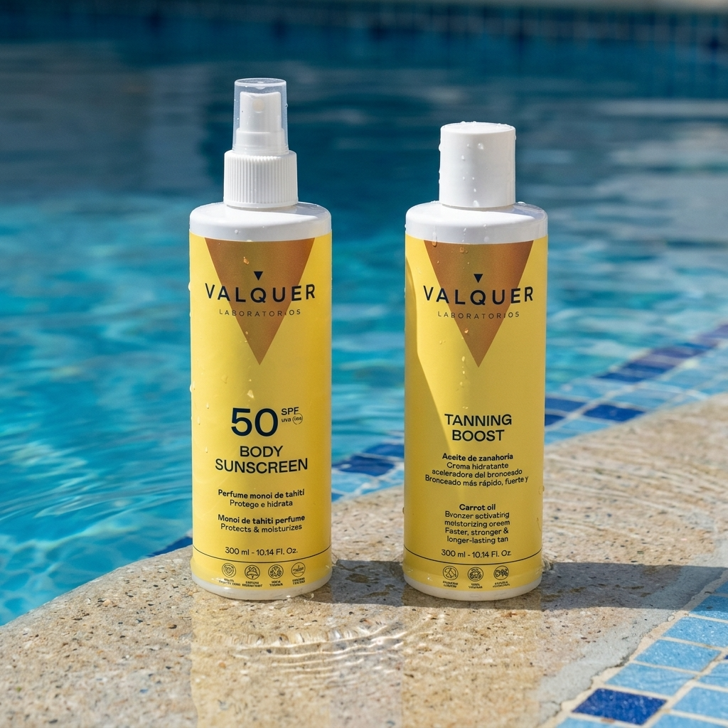 Pack Solar Corporal SPF 50 y Crema Hidratante Aceleradora del Bronceado de Valquer sobre borde de piscina