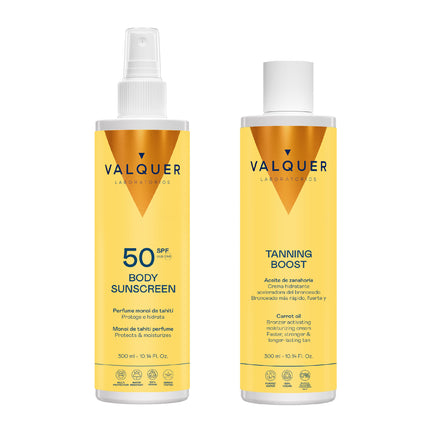 Pack Solar Corporal SPF 50 y Crema Aceleradora del Bronceado de Valquer para proteger la piel y potenciar el bronceado