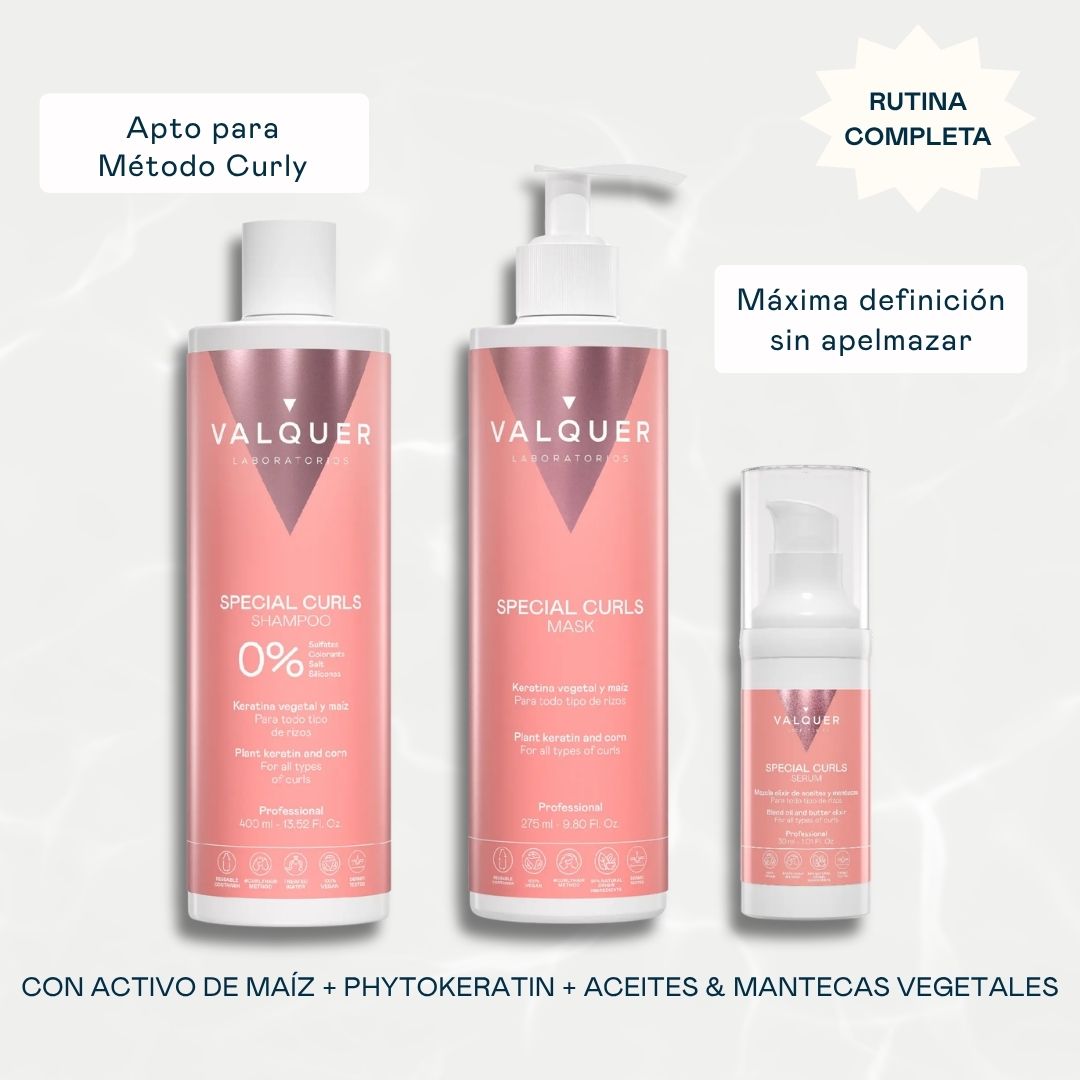 Pack Special Curls Valquer 720 ml (champú, mascarilla y sérum): rutina completa apta Método Curly, máxima definición sin apelmazar, con activo de maíz, phytokeratina y mantecas vegetales
