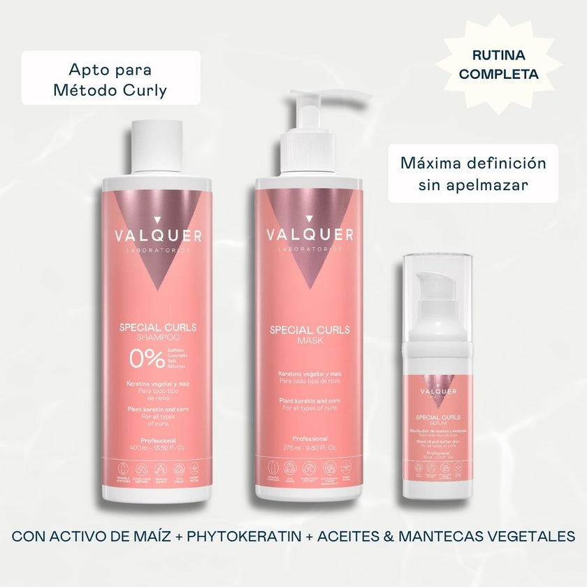 Pack Special Curls Valquer 720 ml (champú, mascarilla y sérum): rutina completa apta Método Curly, máxima definición sin apelmazar, con activo de maíz, phytokeratina y mantecas vegetales