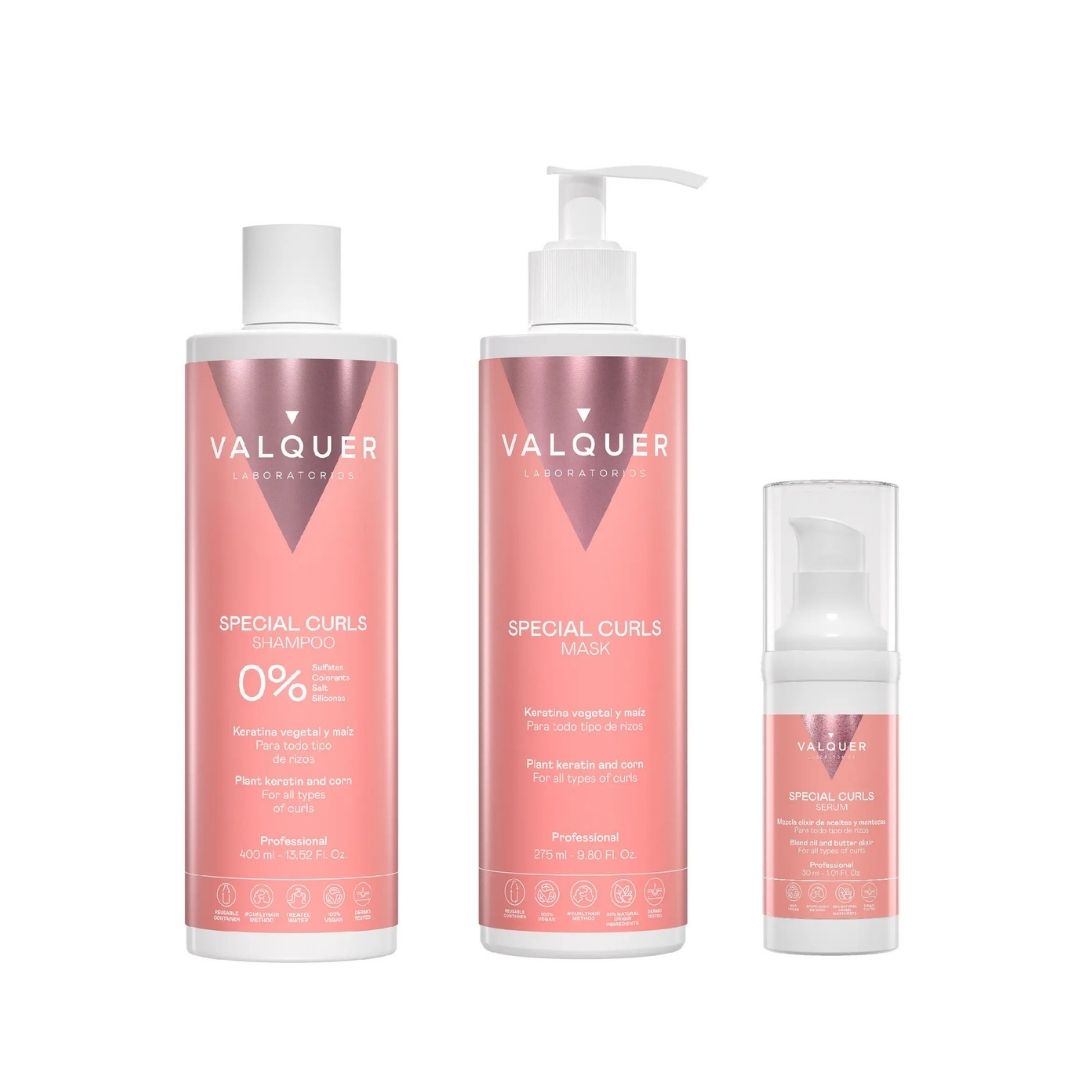 Packshot del Pack Special Curls Valquer 720 ml: champú, mascarilla y sérum para todo tipo de rizos