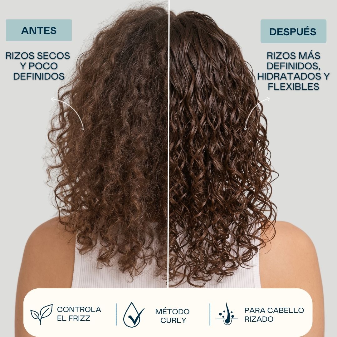 Antes y después del Pack Special Curls Valquer: rizos secos y poco definidos transformados en rizos definidos, hidratados y flexibles con el Método Curly