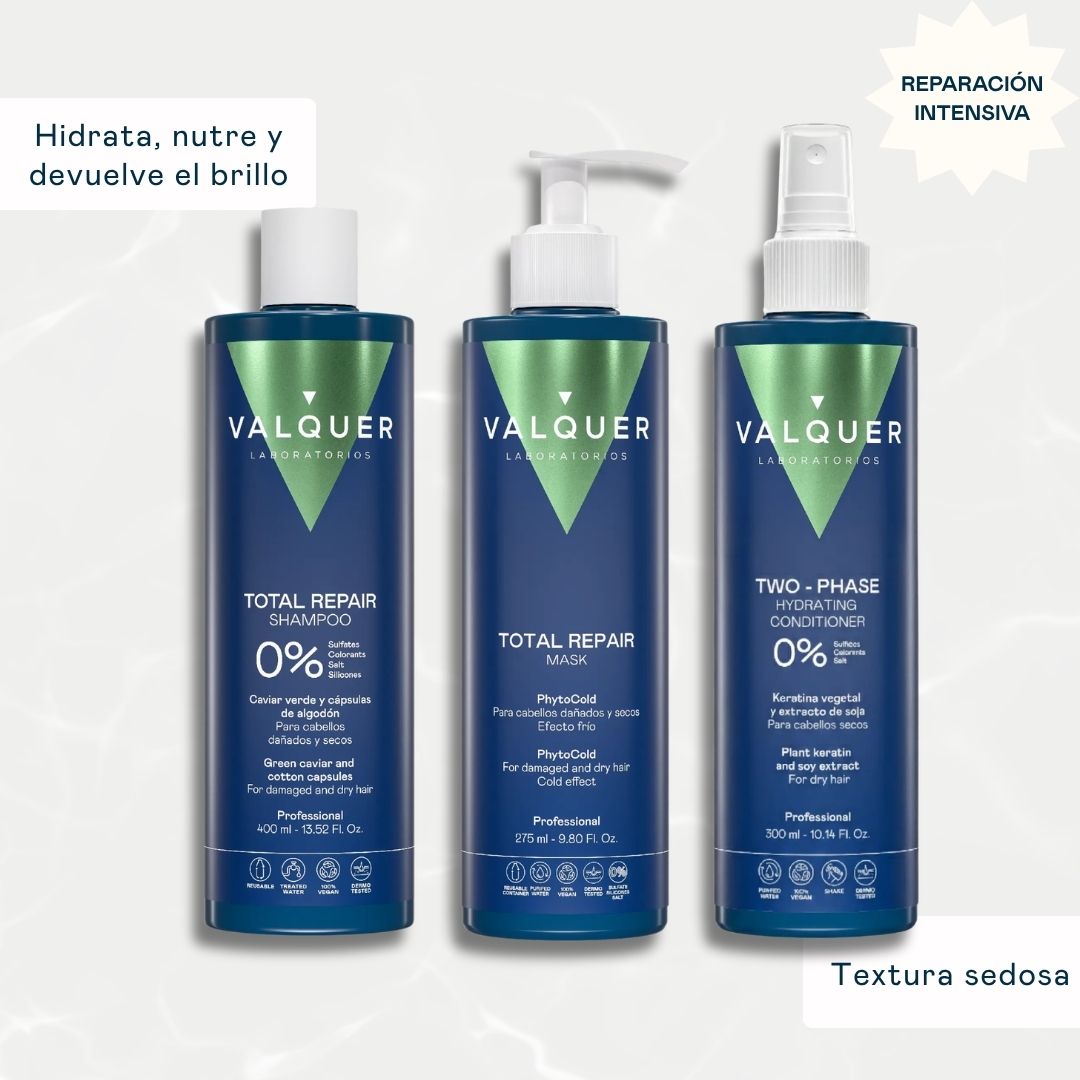Beneficios del Pack Total Repair Valquer: champú, mascarilla y acondicionador bifásico