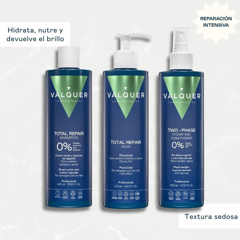 Beneficios del Pack Total Repair Valquer: champú, mascarilla y acondicionador bifásico