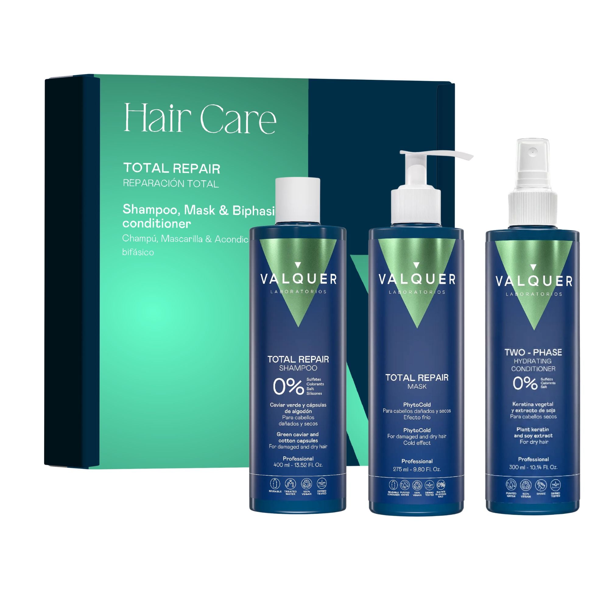 Pack Total Repair Valquer para cabellos dañados con champú, mascarilla y acondicionador bifásico 975 ml
