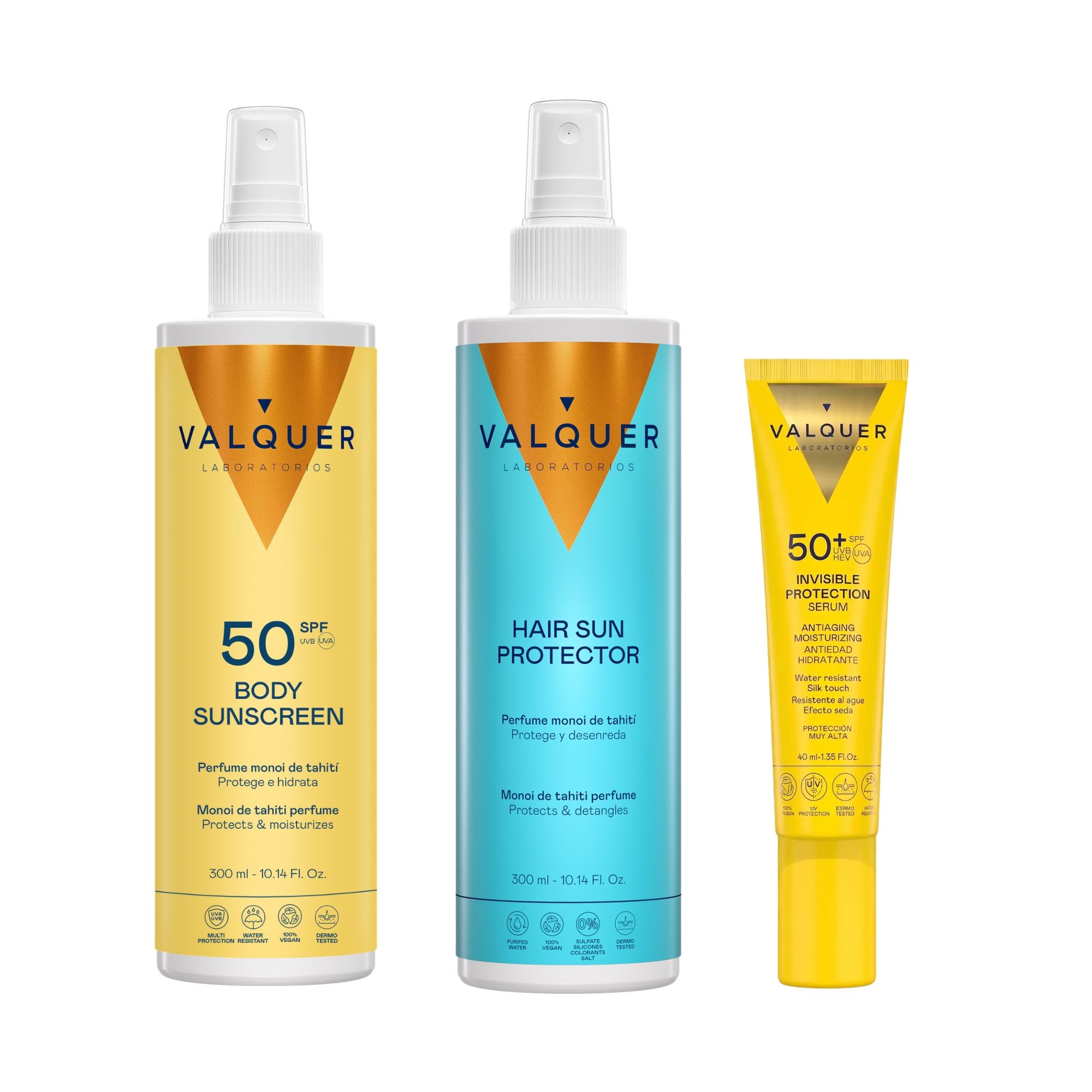 Pack Trío Solar Completo de Valquer con Body Sunscreen SPF 50, Hair Sun Protector y Sérum Solar Facial Invisible SPF 50+.