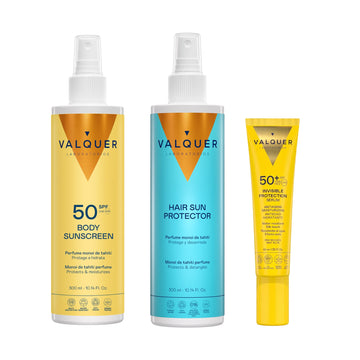 Pack Trío Solar Completo de Valquer con Body Sunscreen SPF 50, Hair Sun Protector y Sérum Solar Facial Invisible SPF 50+.