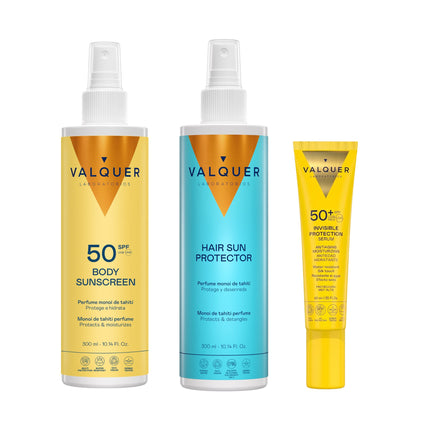 Pack Trío Solar Completo de Valquer con Body Sunscreen SPF 50, Hair Sun Protector y Sérum Solar Facial Invisible SPF 50+.