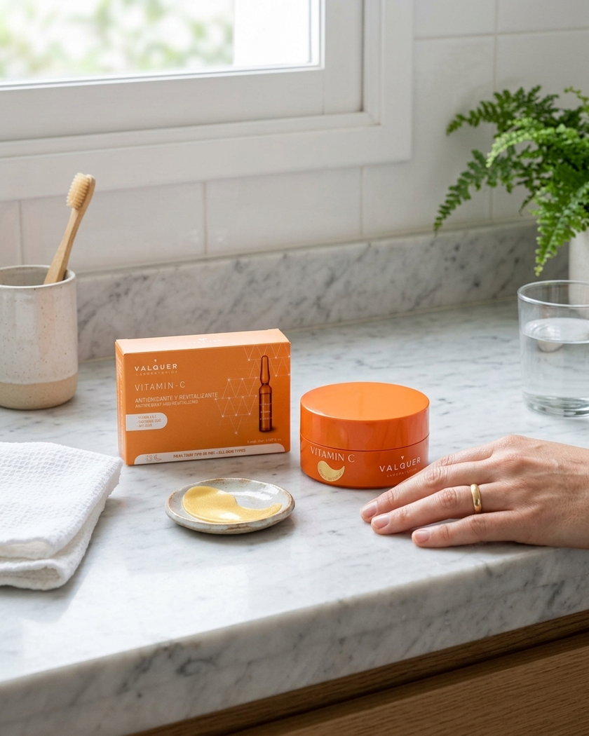Pack de ampollas de vitamina C y parches para ojos de Valquer junto a un parche preparado para su aplicación.