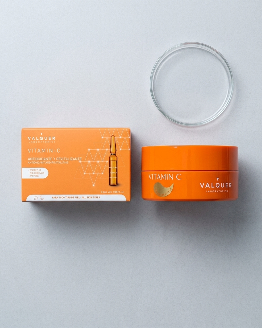 Vista cenital del pack de ampollas de vitamina C y parches para el contorno de ojos de Valquer.