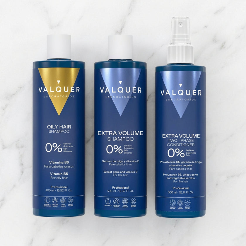 Pack Volumen y Control de Grasa Valquer: champú cabello graso, champú extra volumen y acondicionador bifásico