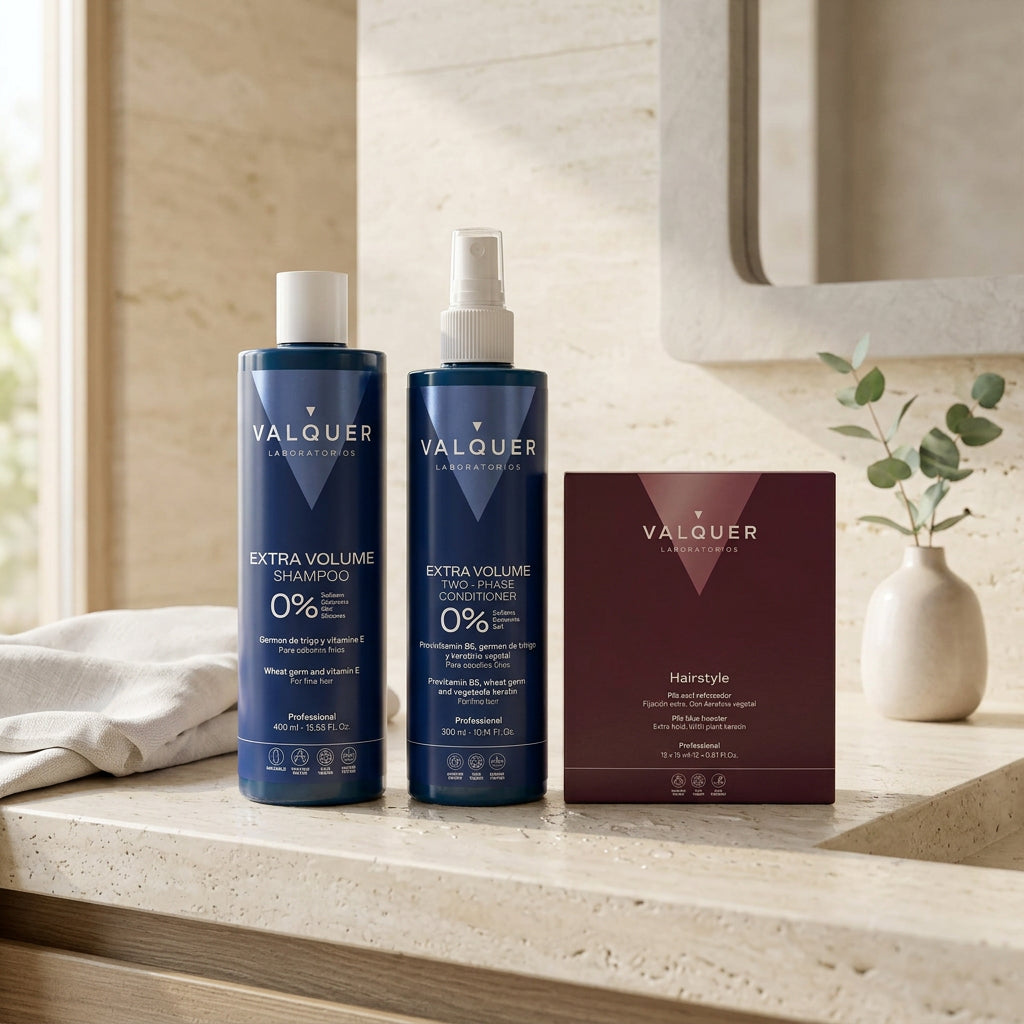 Champú, acondicionador bifásico y ampollas Plis Azul Valquer sobre encimera de baño