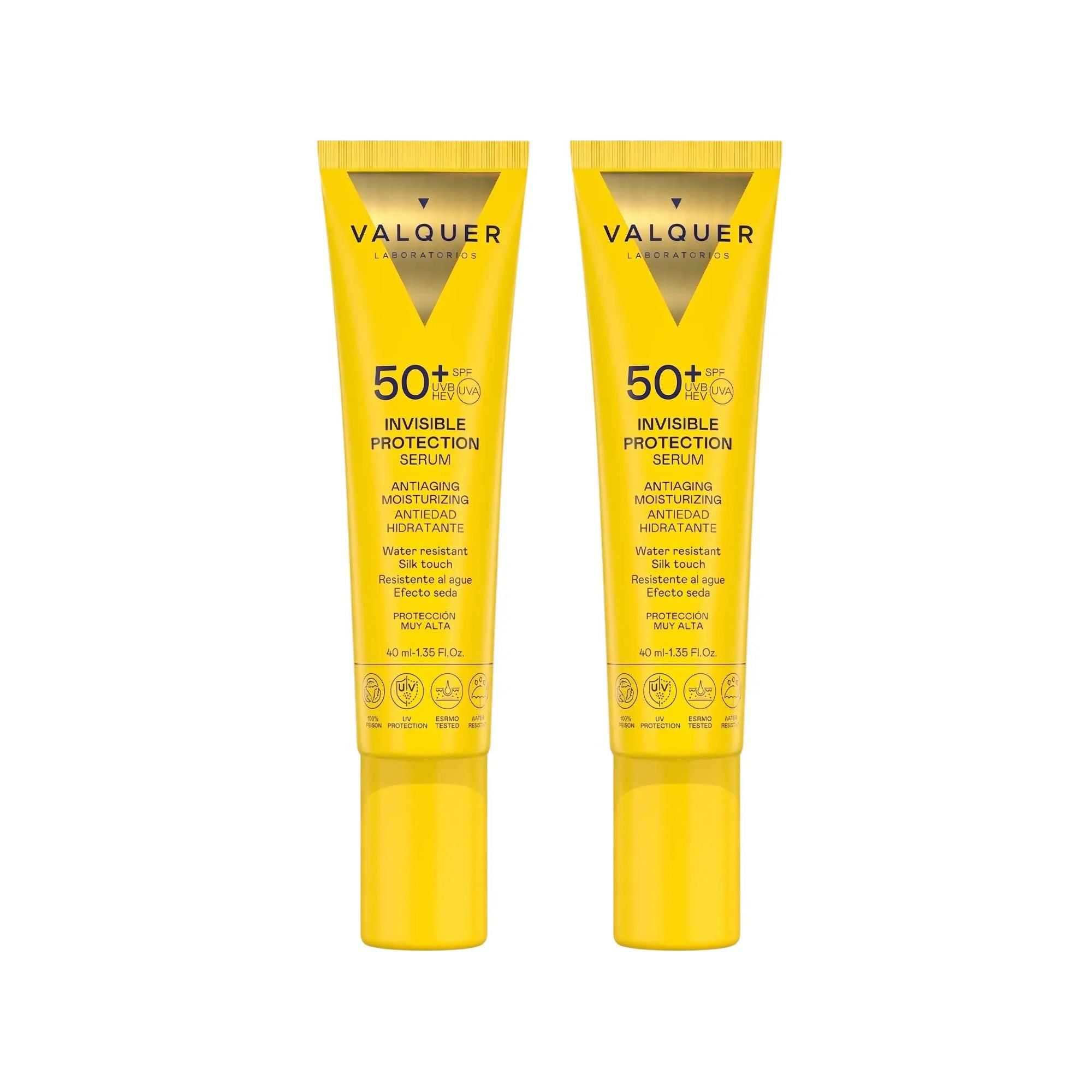 Pack de dos Sérum Solar Facial Invisible Protection SPF 50+ de Valquer, 40 ml cada unidad.
