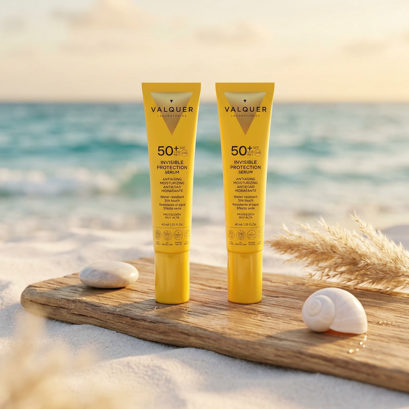 Dos Sérum Solar Facial Invisible SPF 50+ de Valquer en la playa para proteger el rostro frente a la exposición solar.