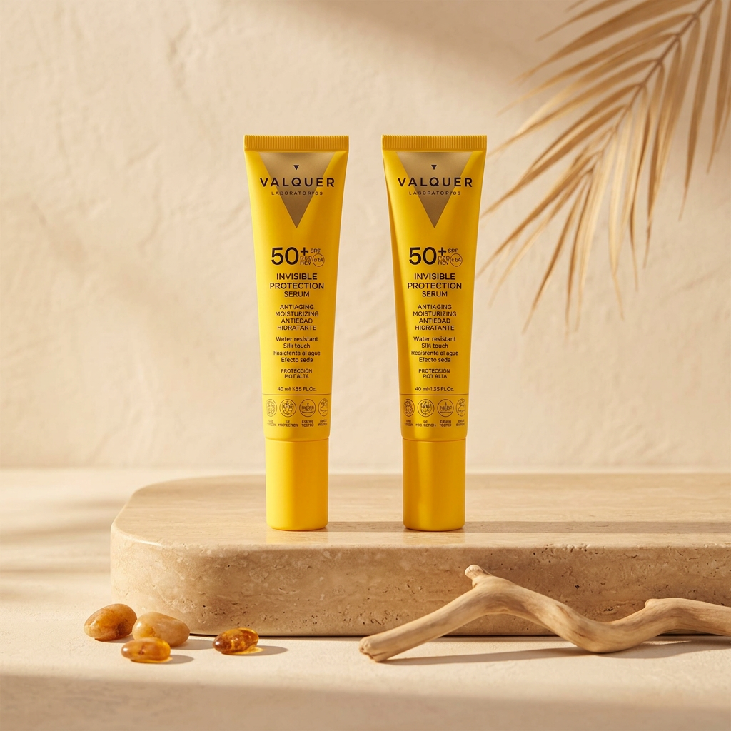 Pack x2 Sérum Solar Facial Invisible SPF 50+ de Valquer en un bodegón de verano con protección facial de alta protección.