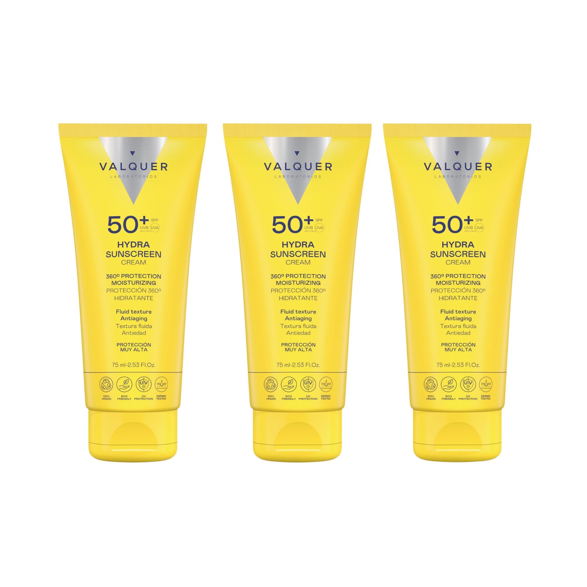 Pack de tres cremas solares faciales Hydra Sunscreen SPF 50+ de Valquer, 75 ml cada unidad.