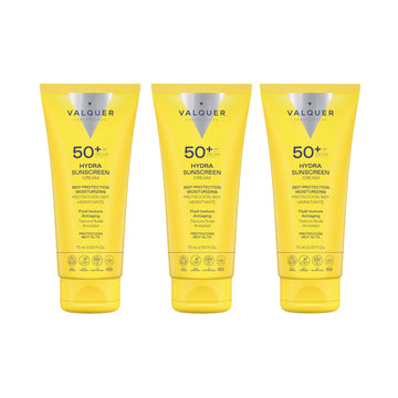 Pack de tres cremas solares faciales Hydra Sunscreen SPF 50+ de Valquer, 75 ml cada unidad.