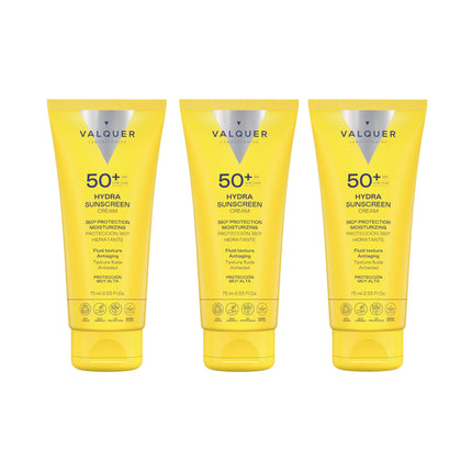 Pack de tres cremas solares faciales Hydra Sunscreen SPF 50+ de Valquer, 75 ml cada unidad.