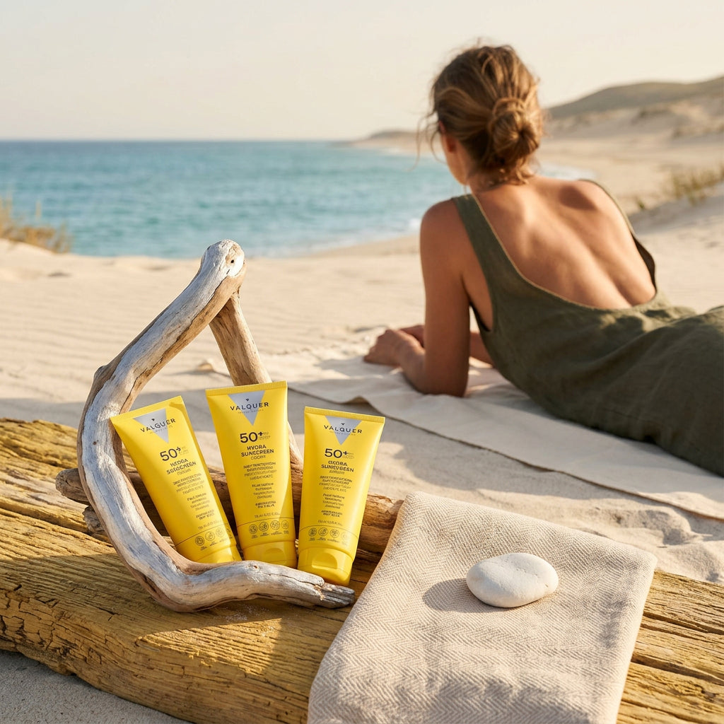 Pack x3 Hydra Sunscreen SPF 50+ de Valquer en la playa para una protección solar facial hidratante durante el verano.