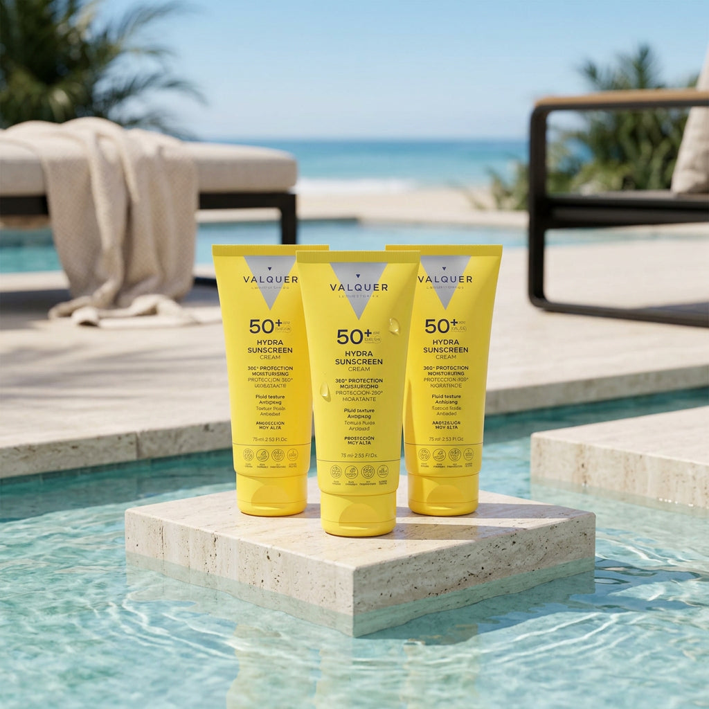 Tres protectores solares faciales Hydra Sunscreen SPF 50+ de Valquer junto a la piscina para proteger e hidratar la piel.