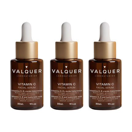 Pack x3 Sérum Facial Vitamina C de Valquer con vitamina C, vitamina E y ácido hialurónico.