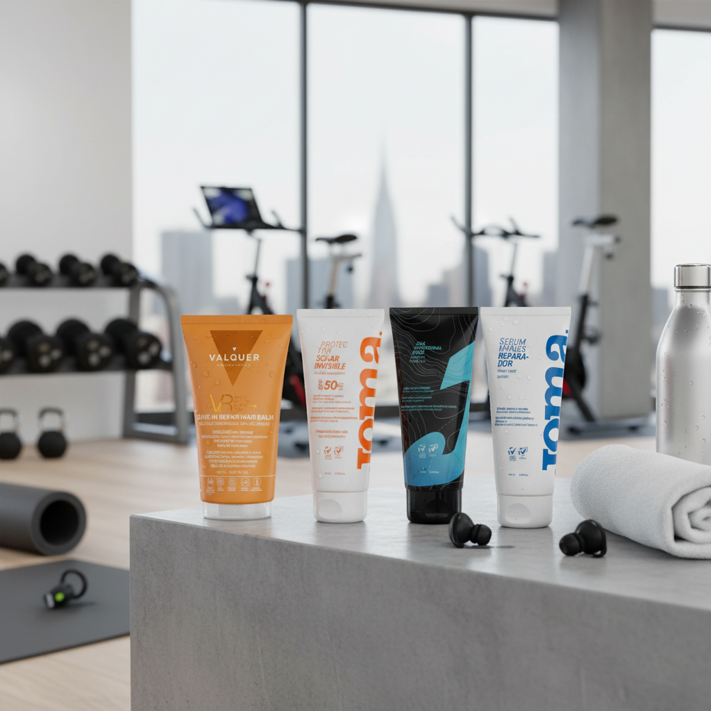 Productos del Pack Active Routine de Valquer: sérum SPF 50, gel frío, sérum reparador de manos y bálsamo VR