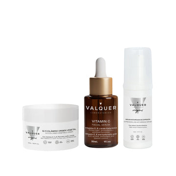 Productos del Pack Antiedad Facial de Valquer: crema colágeno G-3, sérum vitamina C y sérum antiarrugas de expresión
