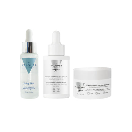 Productos del Pack Reparación Intensiva de Valquer: crema de colágeno, sérum de rosa mosqueta y sérum hidratante