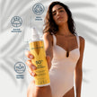 Mujer sosteniendo el protector solar corporal SPF 50 Valquer, fórmula 100% vegana, resistente al agua y dermatológicamente testada