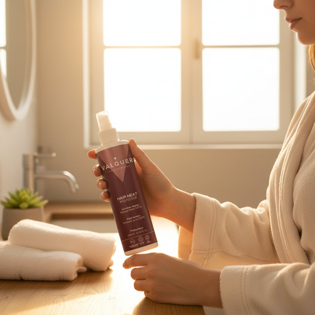 Protector térmico capilar de Valquer en mano para proteger el cabello del calor de plancha y secador