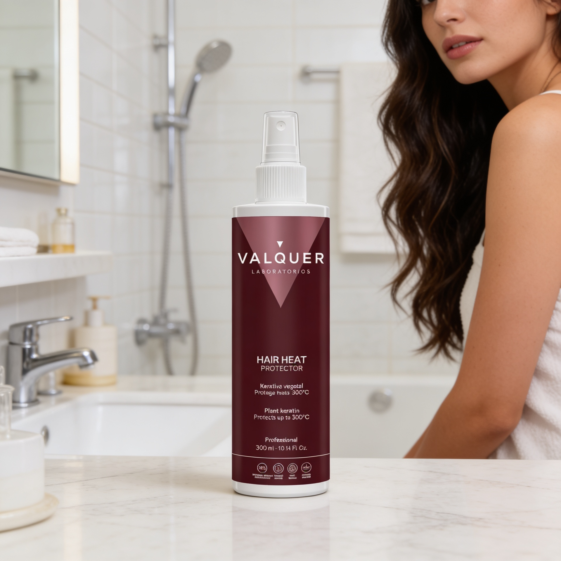 Protector térmico capilar de Valquer con queratina vegetal junto a mujer en baño para proteger el cabello del calor