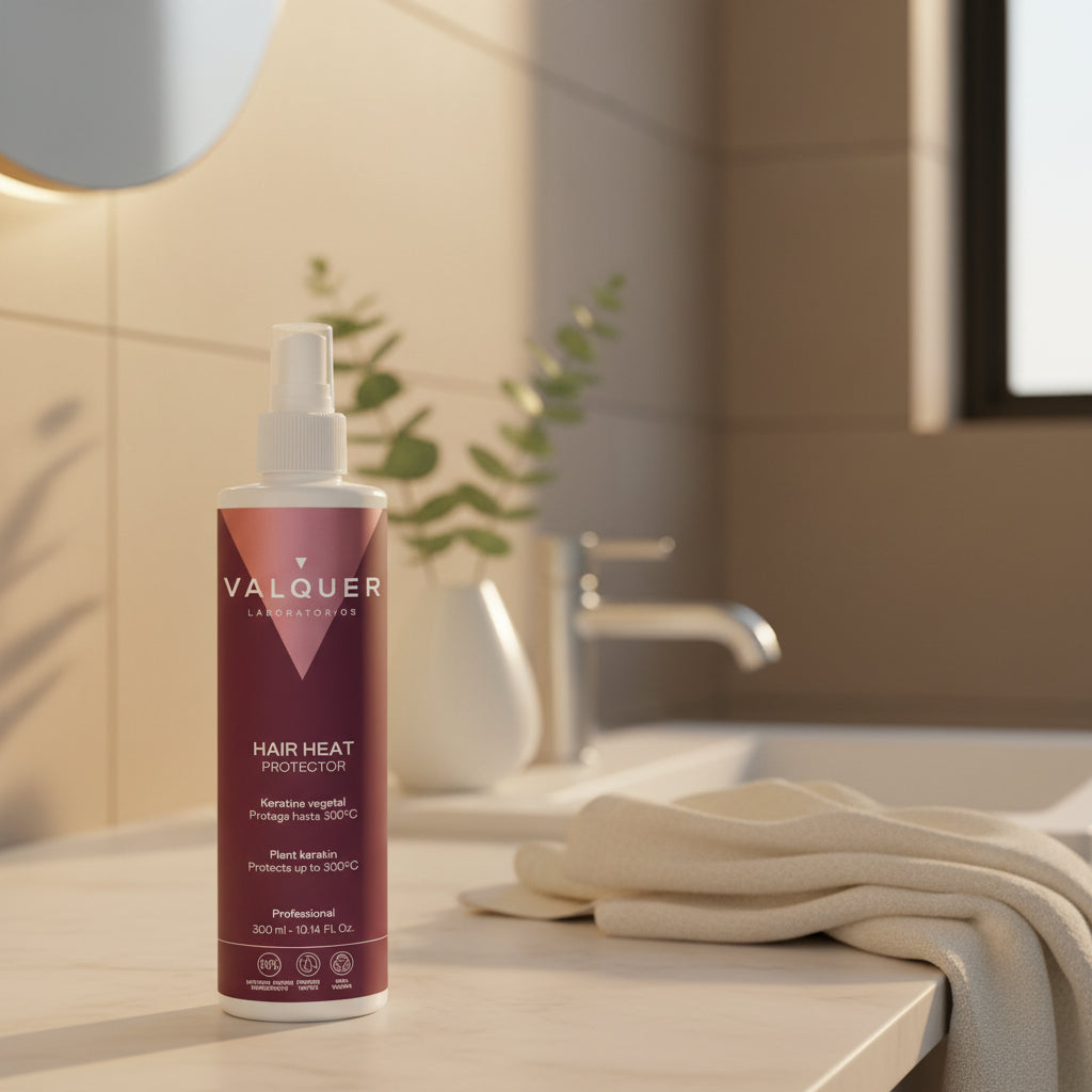 Protector térmico capilar de Valquer con queratina vegetal sobre encimera de baño junto a lavabo y toalla