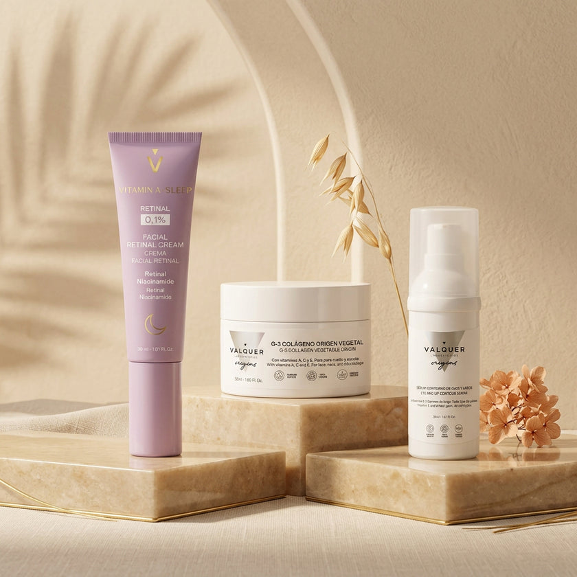 Rutina antiedad de día y noche Valquer con crema de retinal, crema facial G-3 Colágeno y sérum para el contorno de ojos y labios.