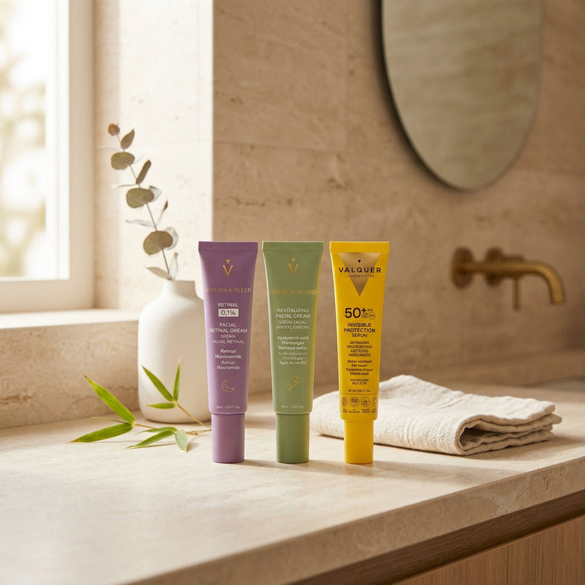 Bodegón de rutina facial antiedad con Energy Bomb, Retinal 0,1% y Sérum Solar Facial Invisible SPF 50+ Valquer