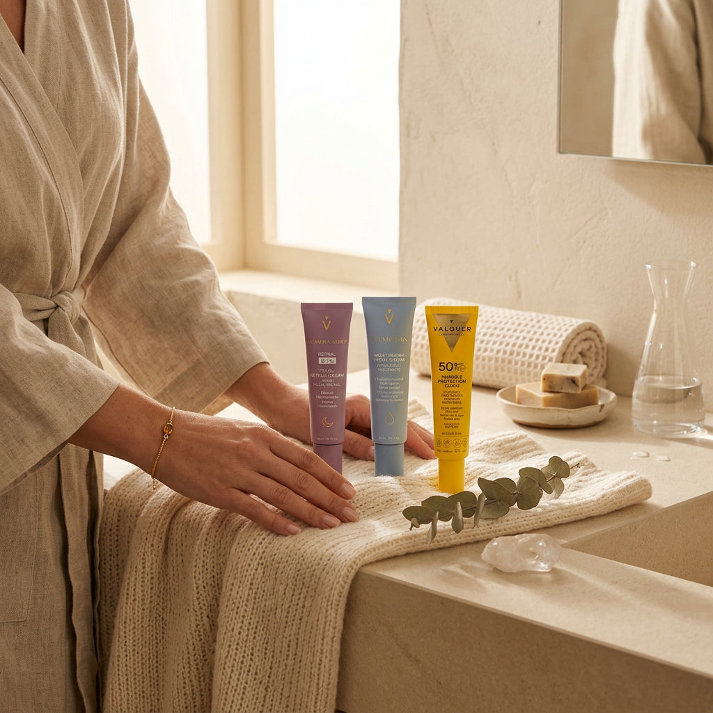 Mujer junto a una rutina facial antiedad e hidratante con Retinal 0,1%, Plump Skin y protección solar SPF 50+ Valquer.