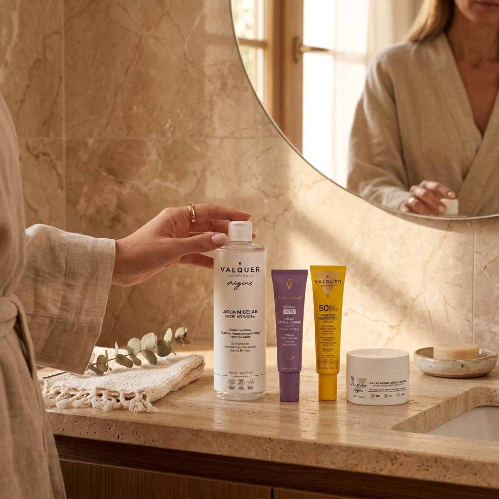 Rutina antiedad para piel sensible con agua micelar, Retinal 0,1%, crema G-3 Colágeno y protección solar facial SPF 50+ de Valquer.