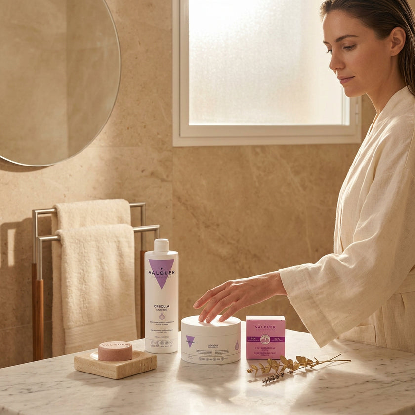 Mujer junto al pack capilar de cebolla Valquer con champú, mascarilla y champú sólido.