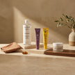 Rutina completa para piel sensible con limpieza micelar, tratamiento con retinal, crema facial de colágeno y protección solar SPF 50+.