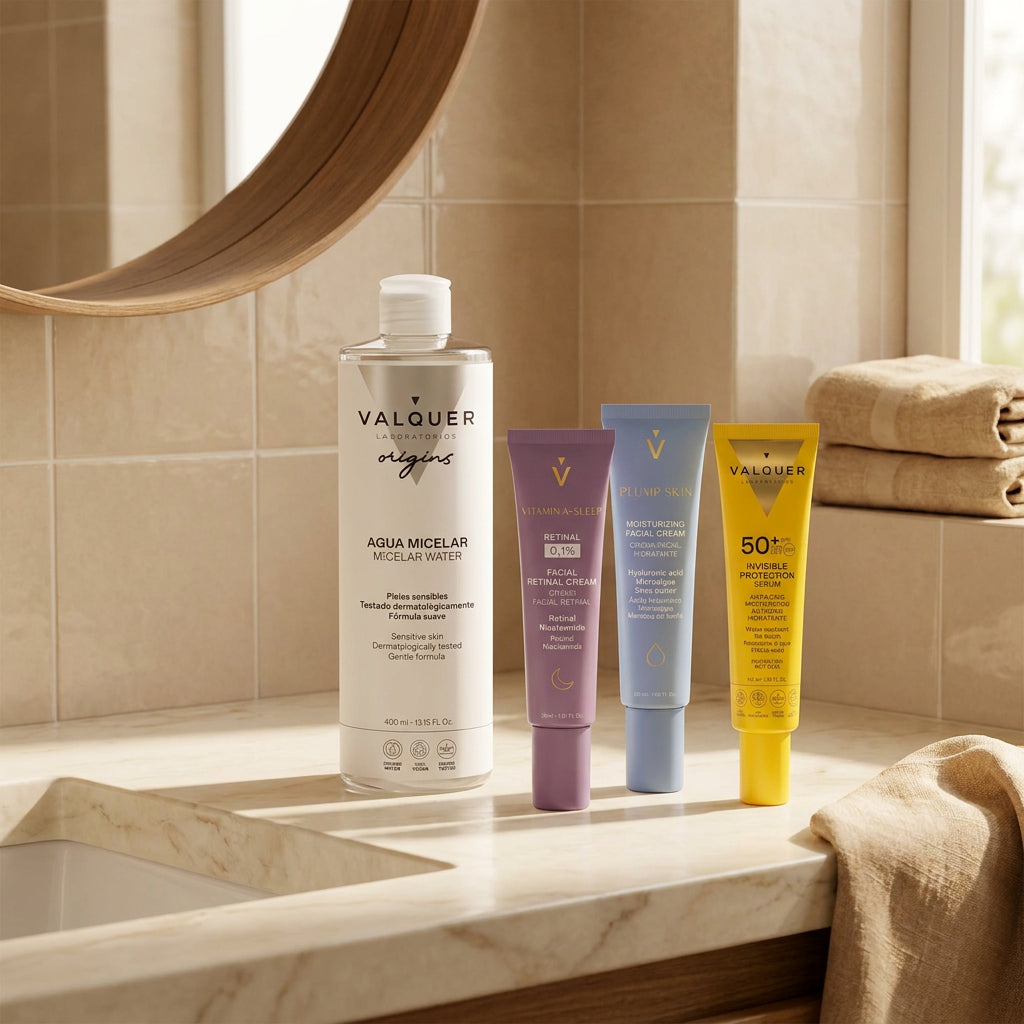 Rutina completa para piel sensible con limpieza micelar, retinal de noche, crema Plump Skin y protector solar facial SPF 50+.