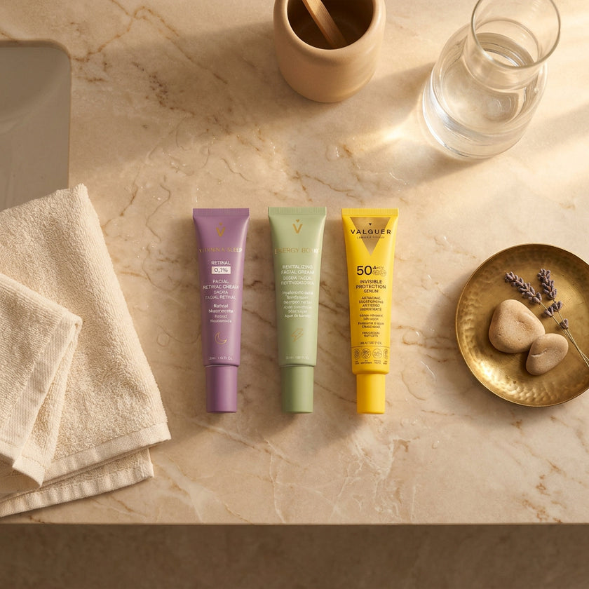 Rutina facial de día y noche con Energy Bomb, crema Retinal 0,1% y protector solar facial invisible SPF 50+.