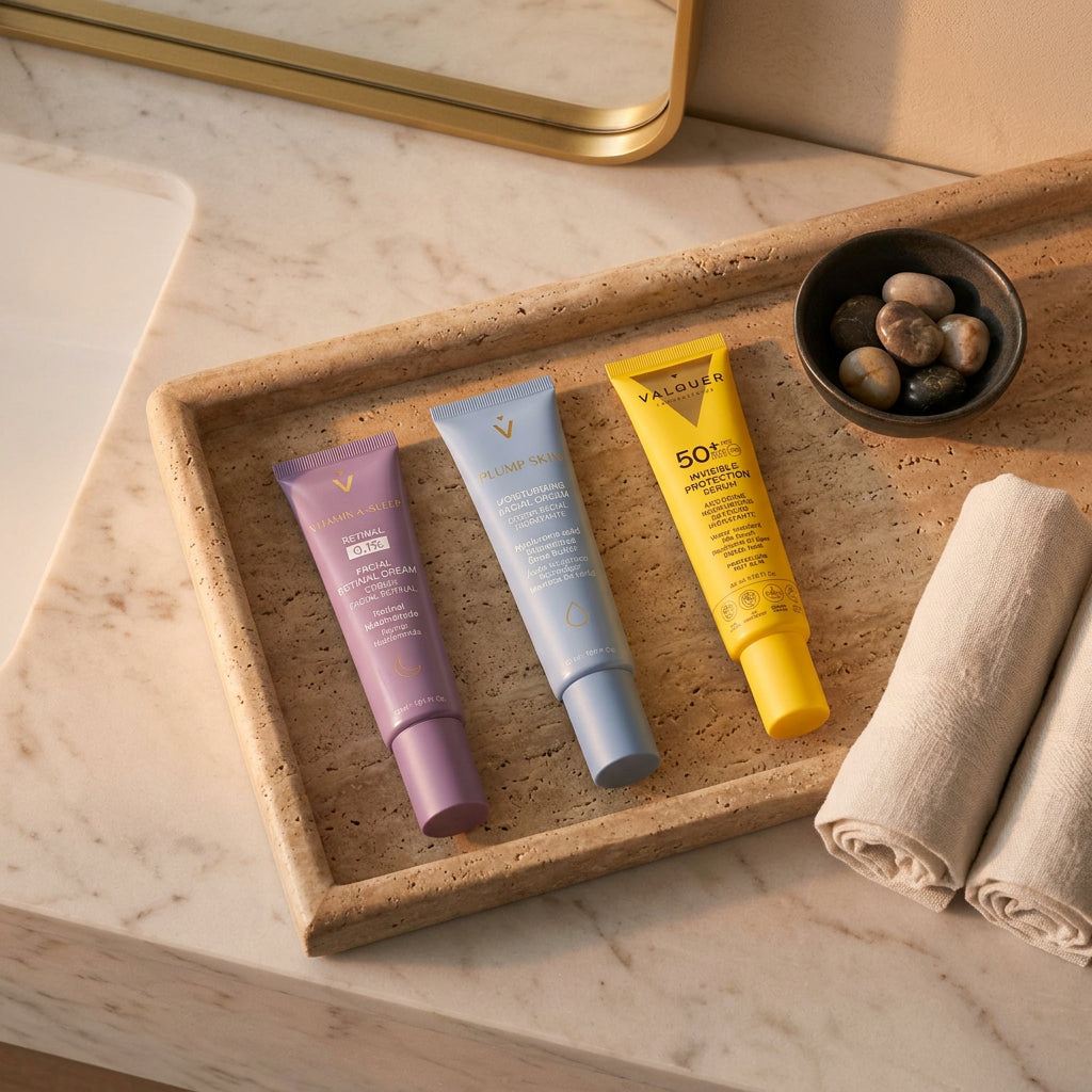 Rutina facial de día y noche con crema Retinal, hidratante Plump Skin y protector solar facial invisible SPF 50+.
