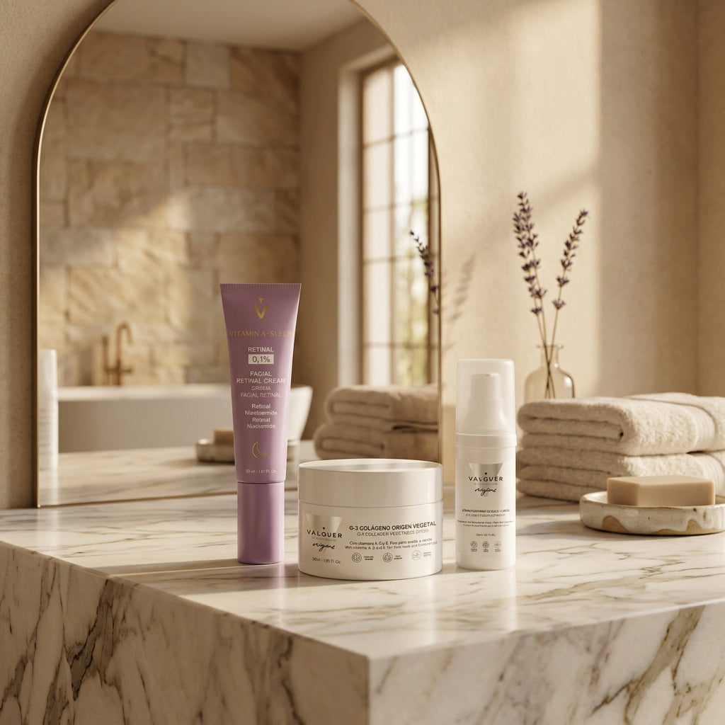 Rutina facial antiedad Valquer con retinal, crema de colágeno y sérum para el contorno de ojos y labios.