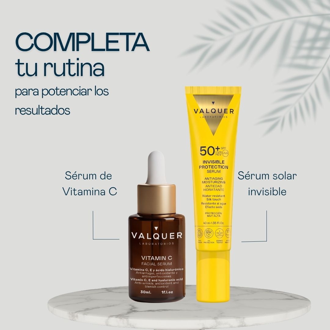 Rutina facial Valquer con Sérum Vitamina C y protector solar facial Invisible Protection SPF 50+ para potenciar la luminosidad y proteger la piel.